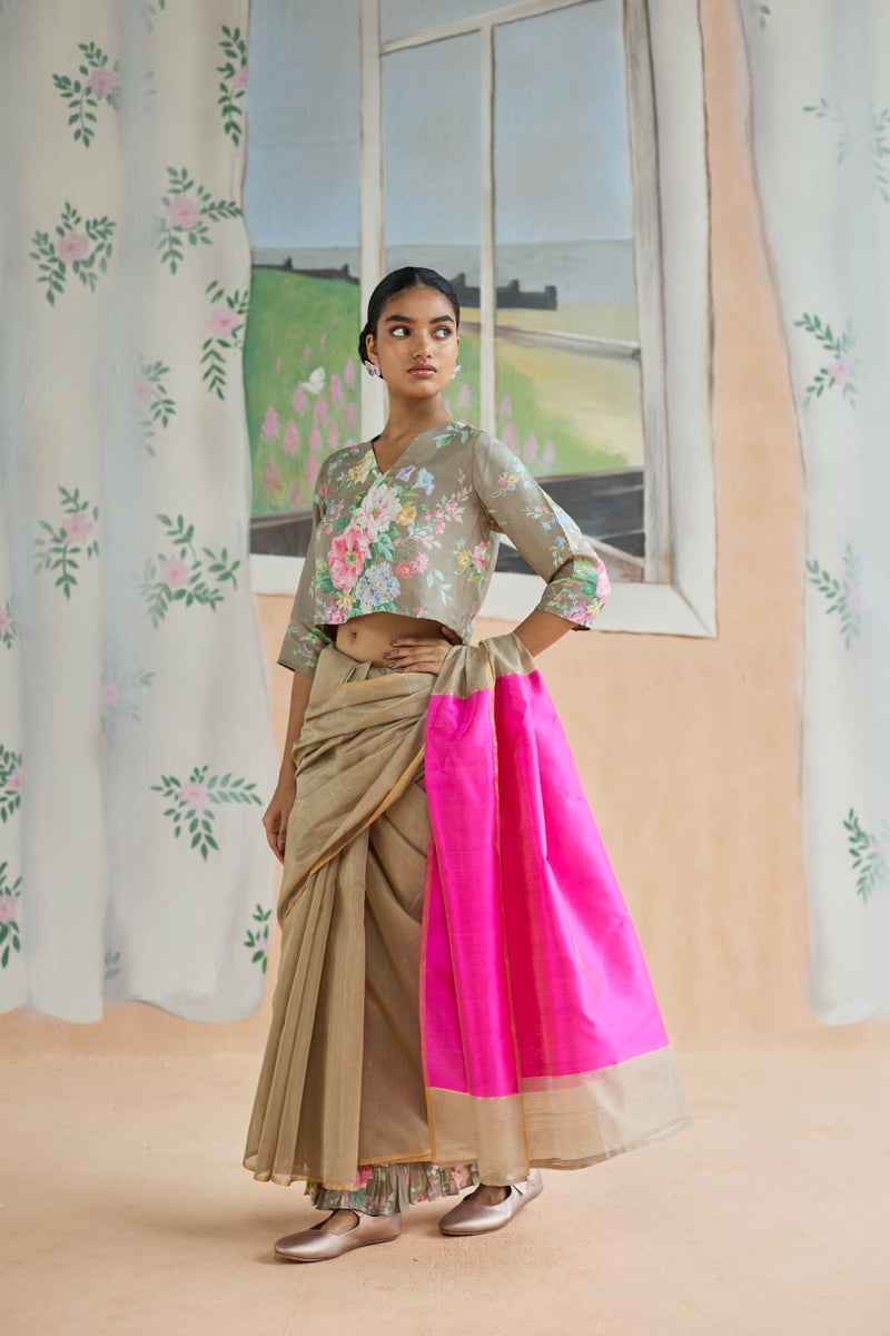 Dunes and Drift Chanderi Sari silk by Nadiya Paar in brown color for women Worldwide