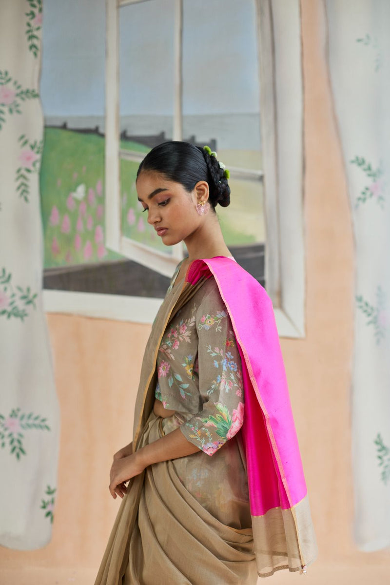 Dunes and Drift Chanderi Sari silk by Nadiya Paar in brown color for women Worldwide