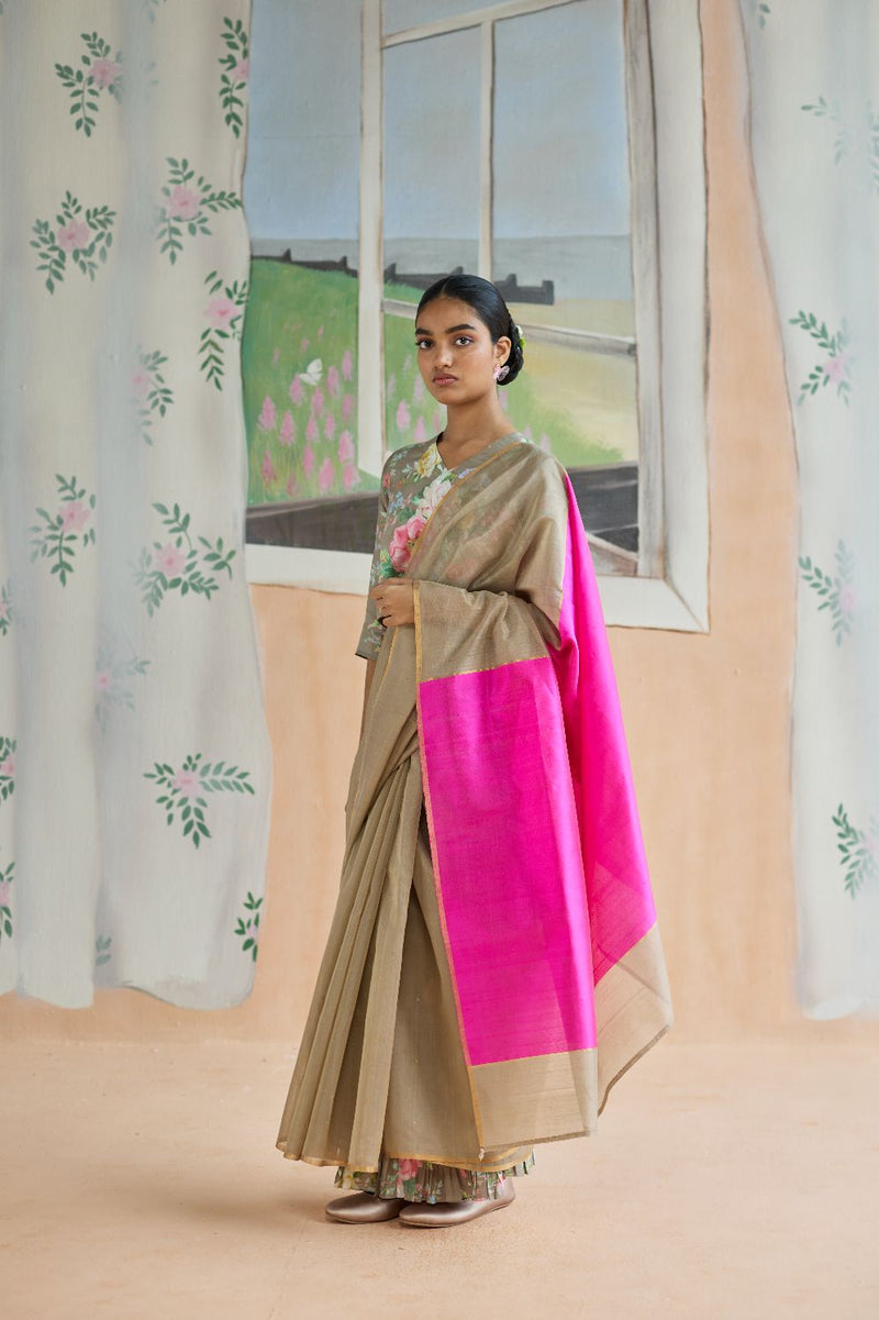 Dunes and Drift Chanderi Sari silk by Nadiya Paar in brown color for women Worldwide