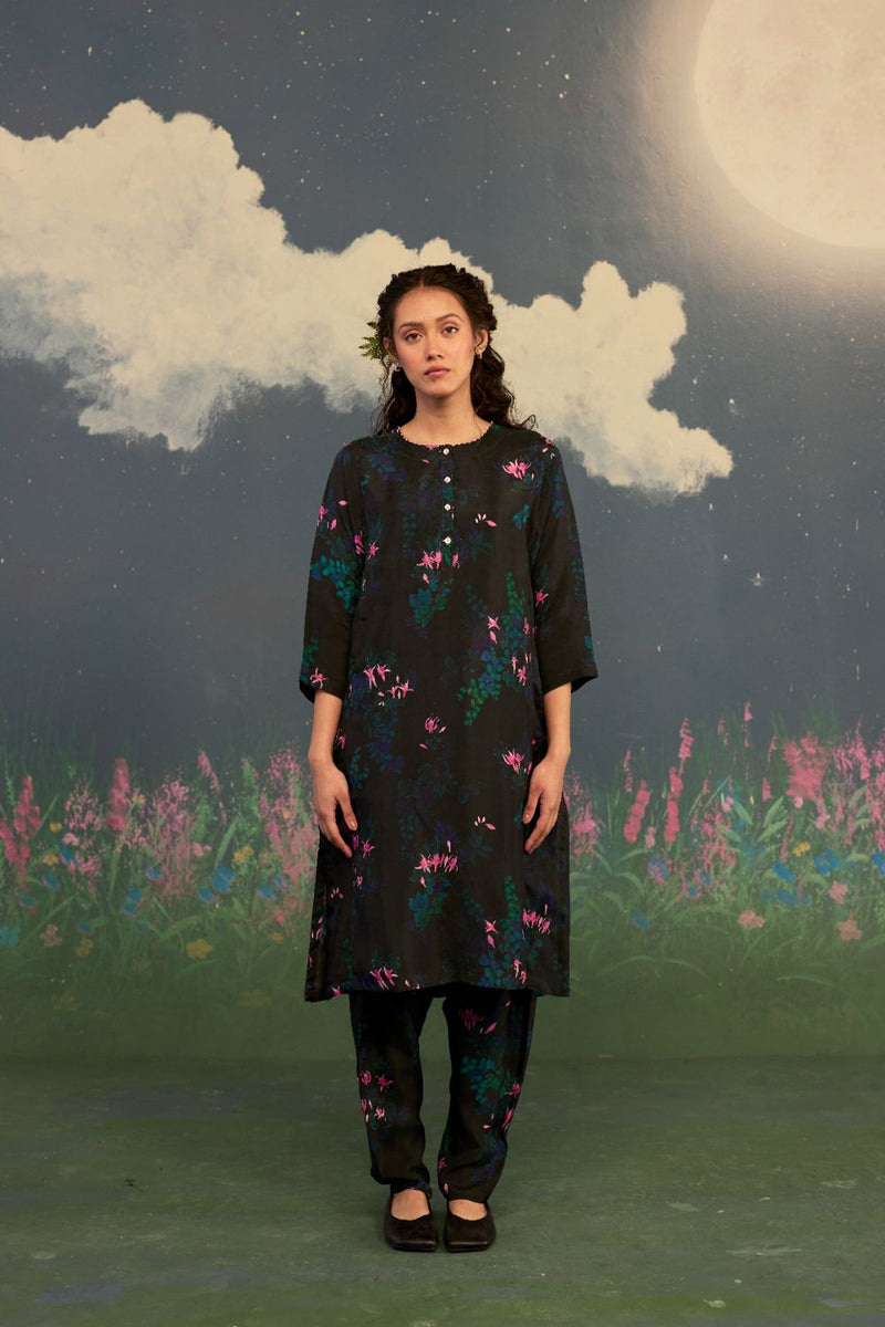 Fuchsia Panelled Mid Kurta Set Bamboo Silk silk by Nadiya Paar for women Worldwide