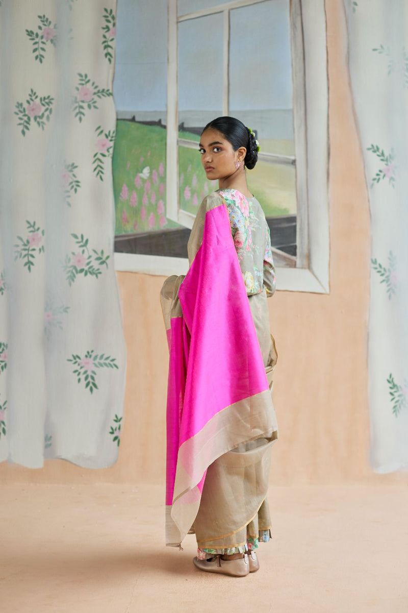 Dunes and Drift Chanderi Sari silk by Nadiya Paar in brown color for women Worldwide