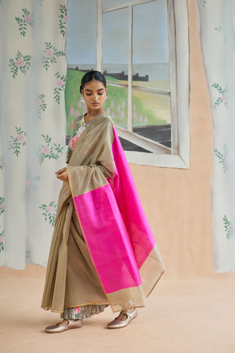 Dunes and Drift Chanderi Sari silk by Nadiya Paar in brown color for women Worldwide