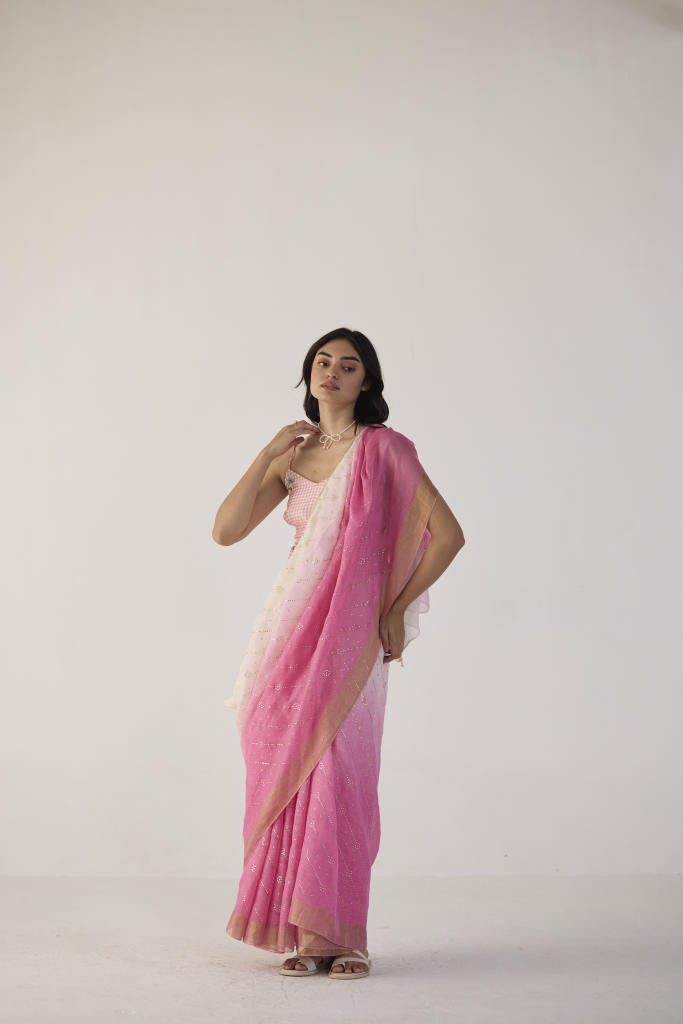Pink Ombre Linen sari with Gold Dots Print by Nadiya Paar in pink color for women Worldwide