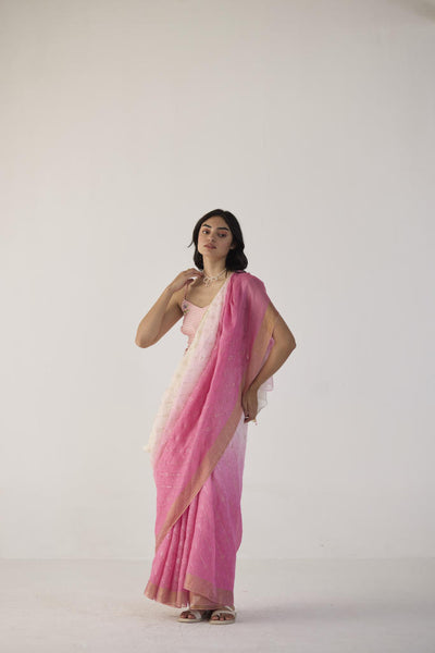 Pink Ombre Linen sari with Gold Dots Print