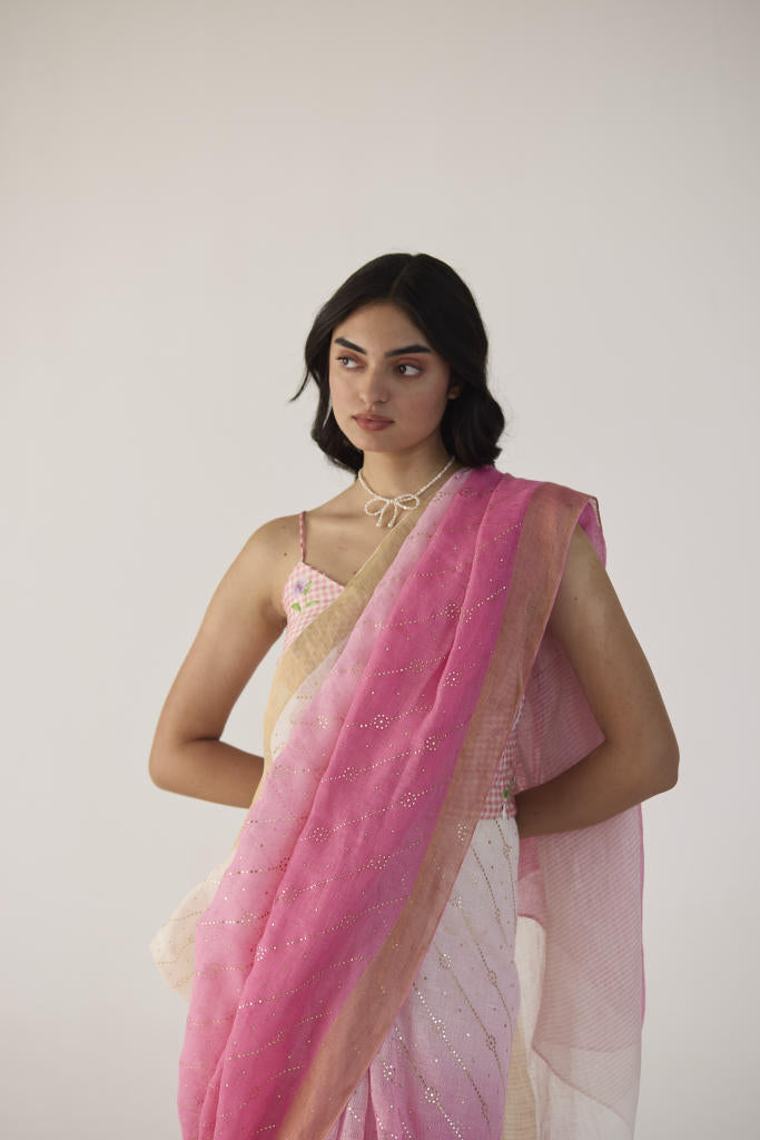Pink Ombre Linen sari with Gold Dots Print by Nadiya Paar in pink color for women Worldwide