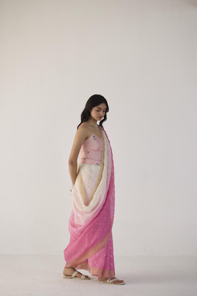 Pink Ombre Linen sari with Gold Dots Print by Nadiya Paar in pink color for women Worldwide
