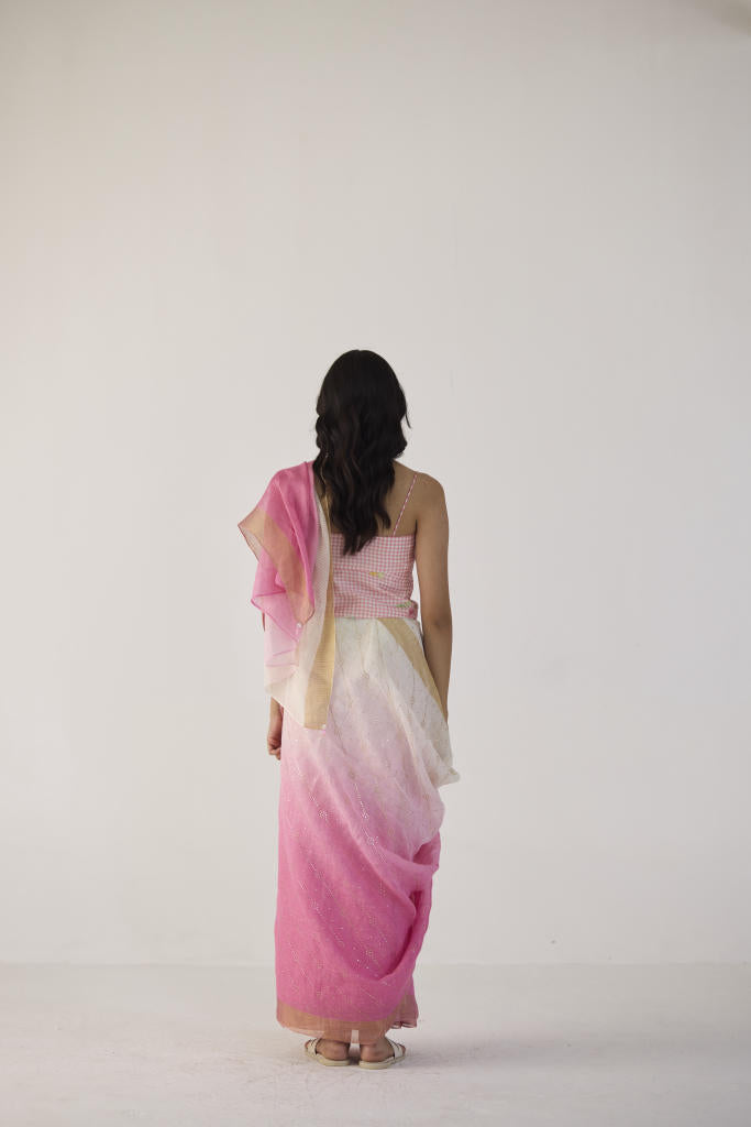 Pink Ombre Linen sari with Gold Dots Print by Nadiya Paar in pink color for women Worldwide