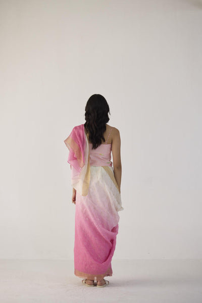 Pink Ombre Linen sari with Gold Dots Print