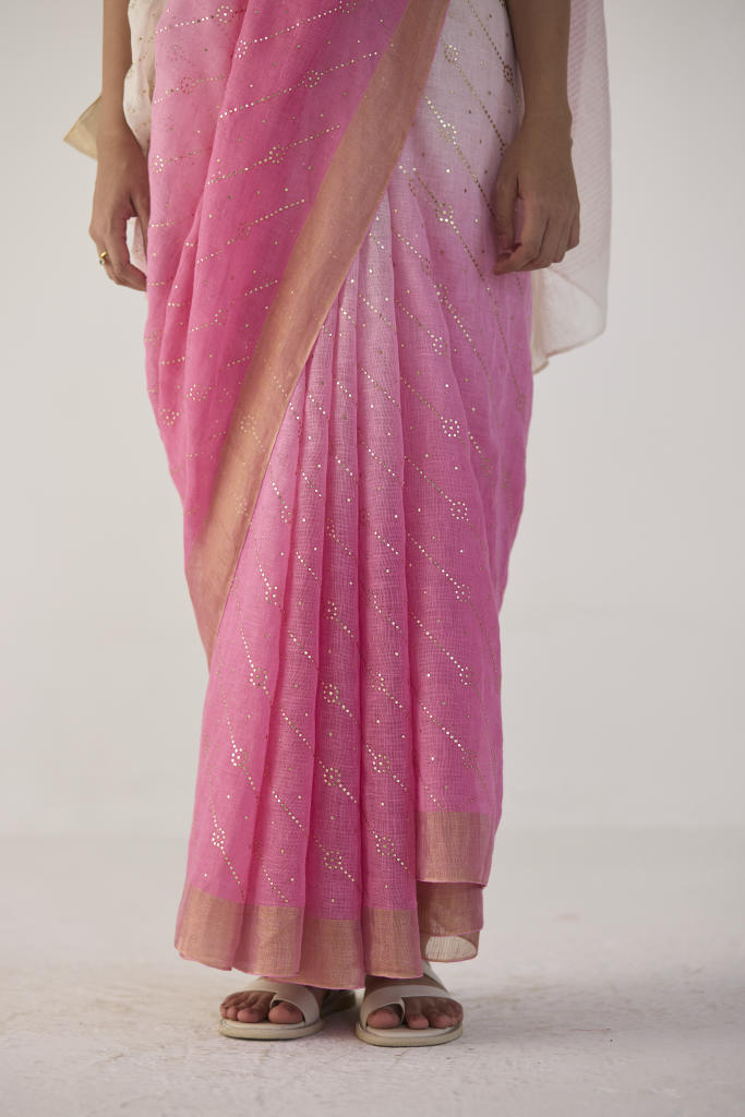 Pink Ombre Linen sari with Gold Dots Print by Nadiya Paar in pink color for women Worldwide