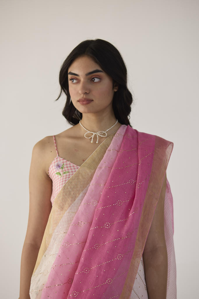 Pink Ombre Linen sari with Gold Dots Print by Nadiya Paar in pink color for women Worldwide