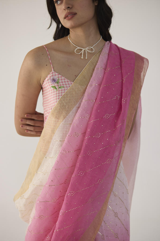 Pink Ombre Linen sari with Gold Dots Print by Nadiya Paar in pink color for women Worldwide