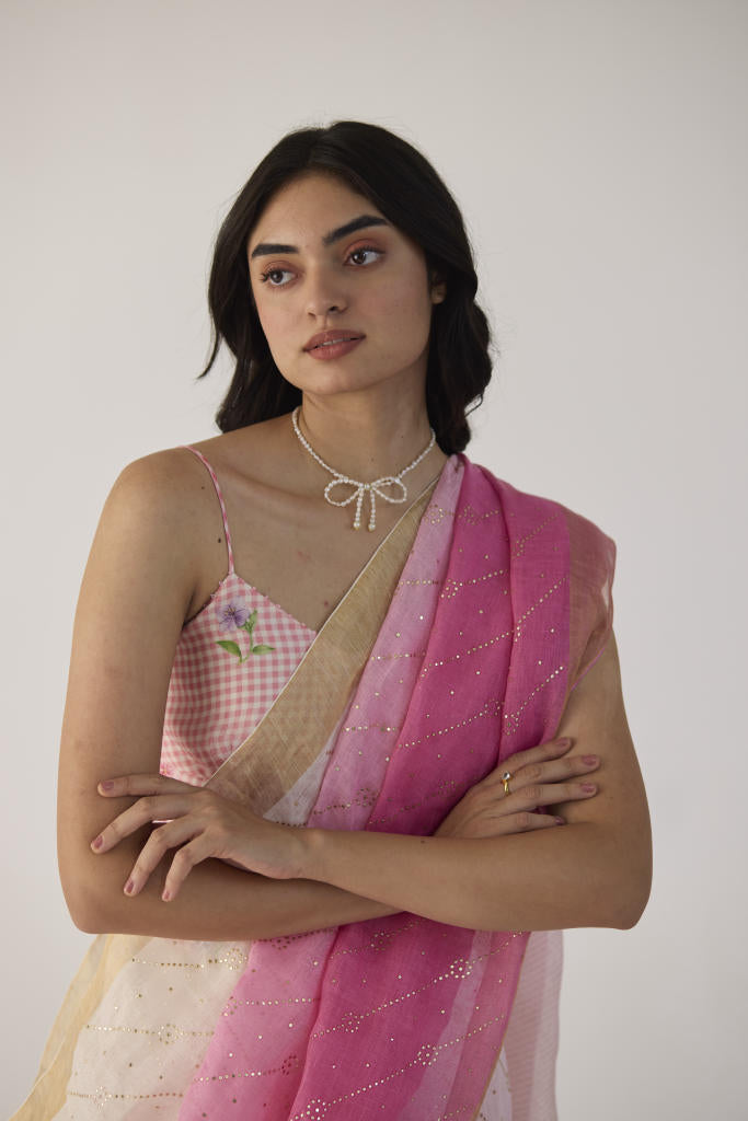 Pink Ombre Linen sari with Gold Dots Print by Nadiya Paar in pink color for women Worldwide