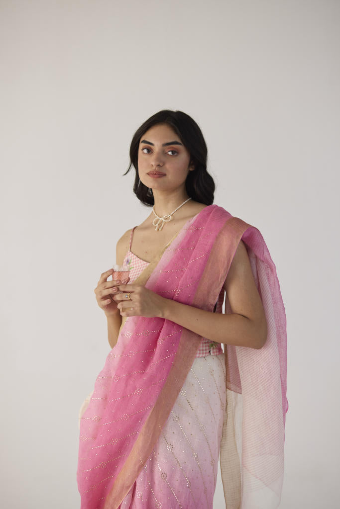 Pink Ombre Linen sari with Gold Dots Print by Nadiya Paar in pink color for women Worldwide
