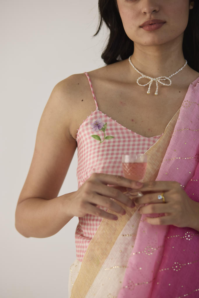 Pink Ombre Linen sari with Gold Dots Print by Nadiya Paar in pink color for women Worldwide