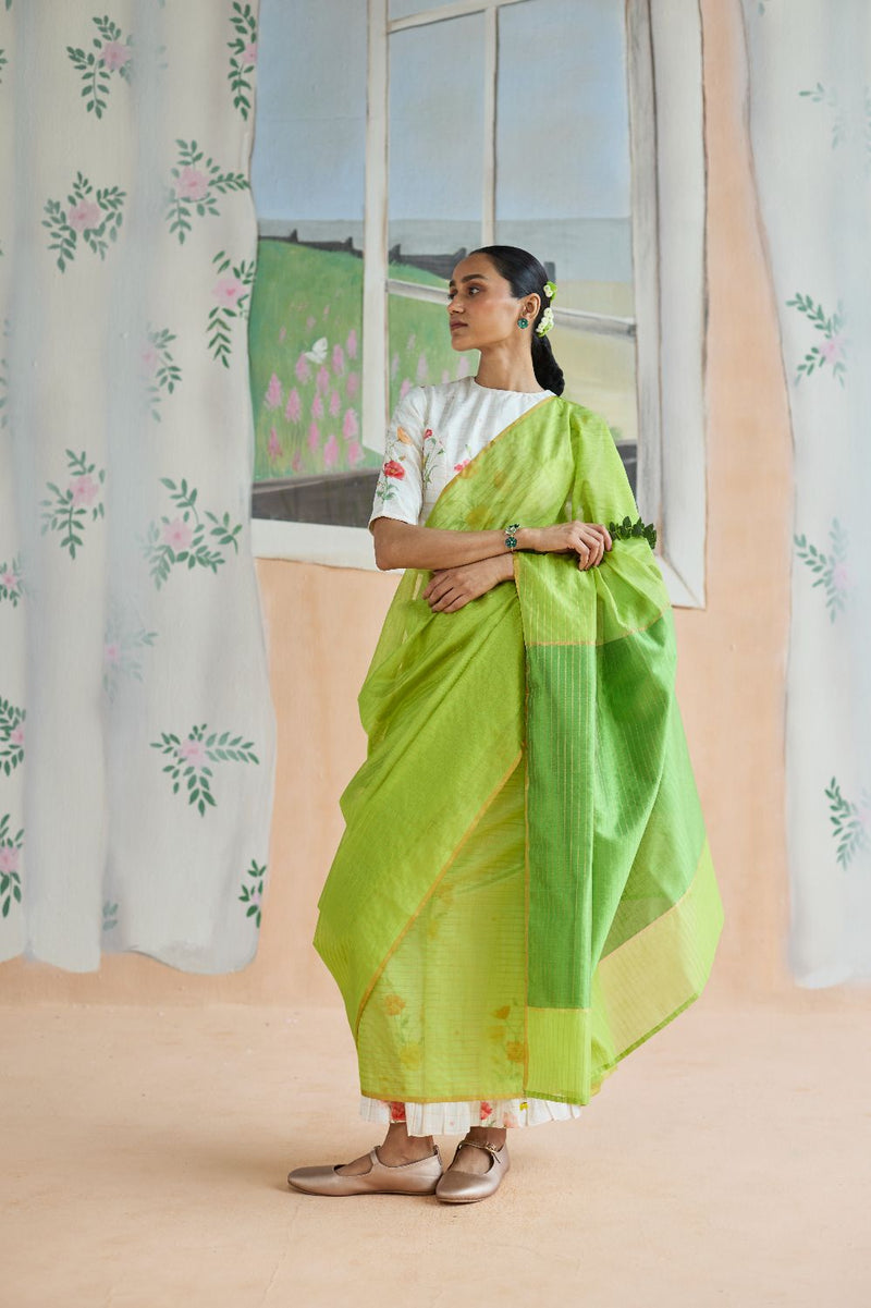 Fern Trail Chanderi Sari silk by Nadiya Paar in green color for women Worldwide