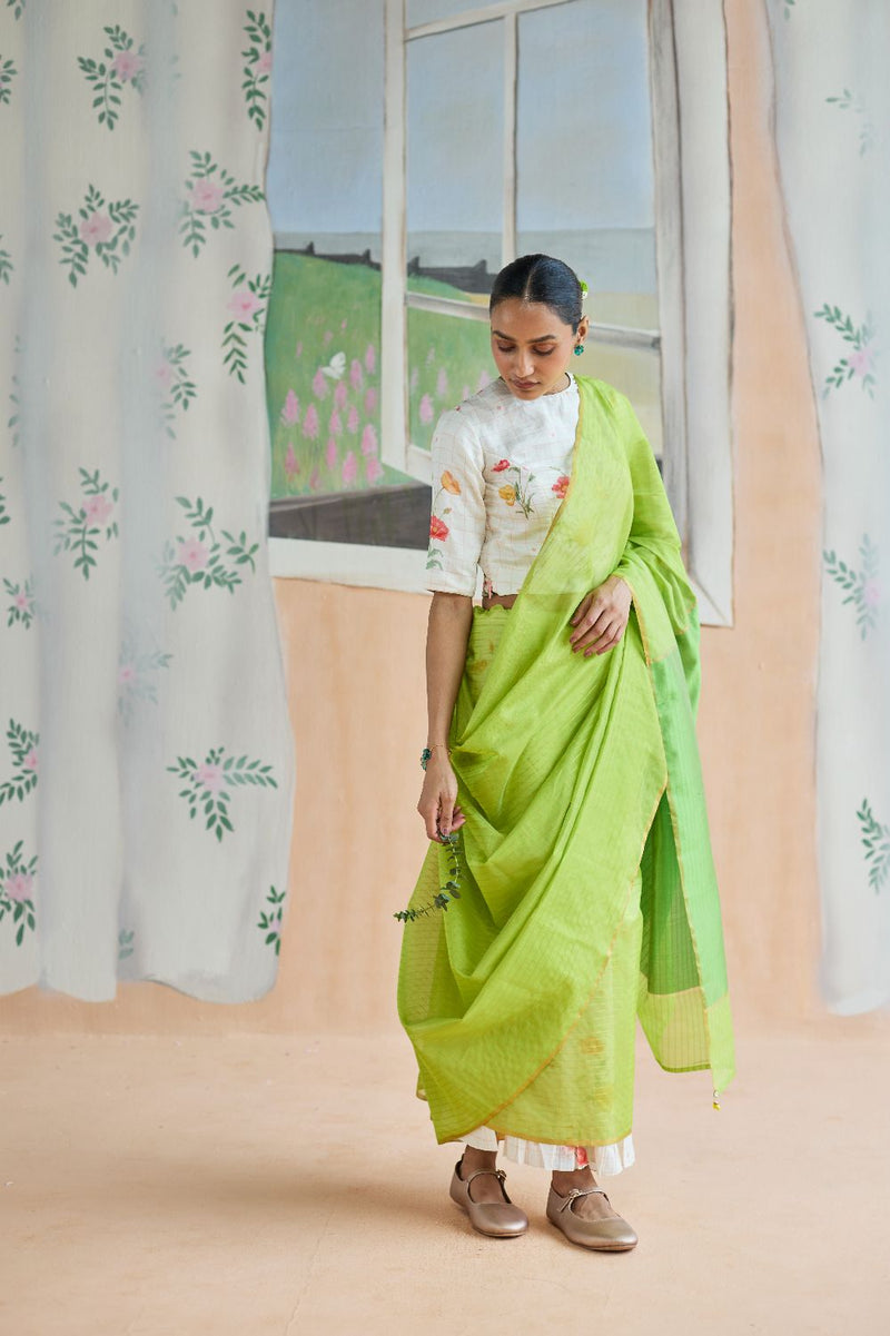 Fern Trail Chanderi Sari silk by Nadiya Paar in green color for women Worldwide