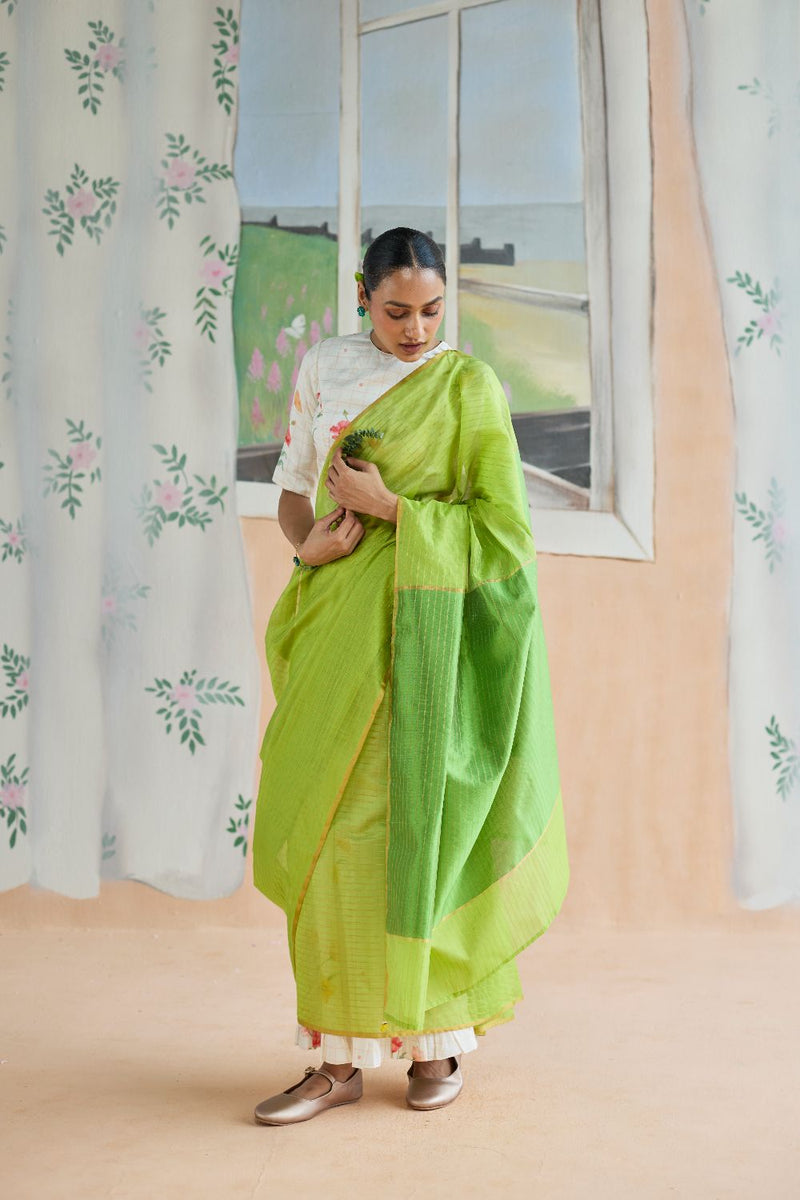 Fern Trail Chanderi Sari silk by Nadiya Paar in green color for women Worldwide