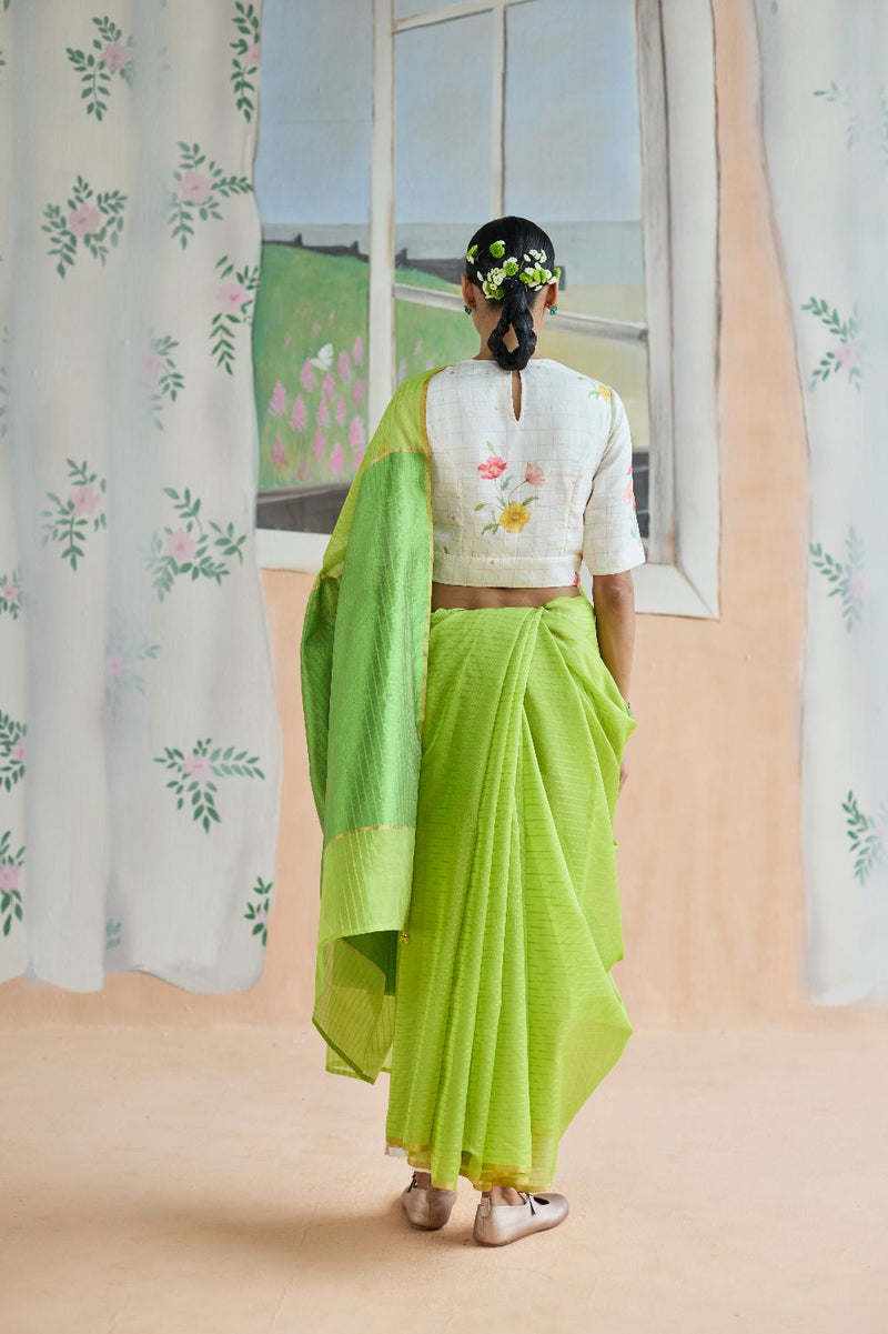Fern Trail Chanderi Sari silk by Nadiya Paar in green color for women Worldwide