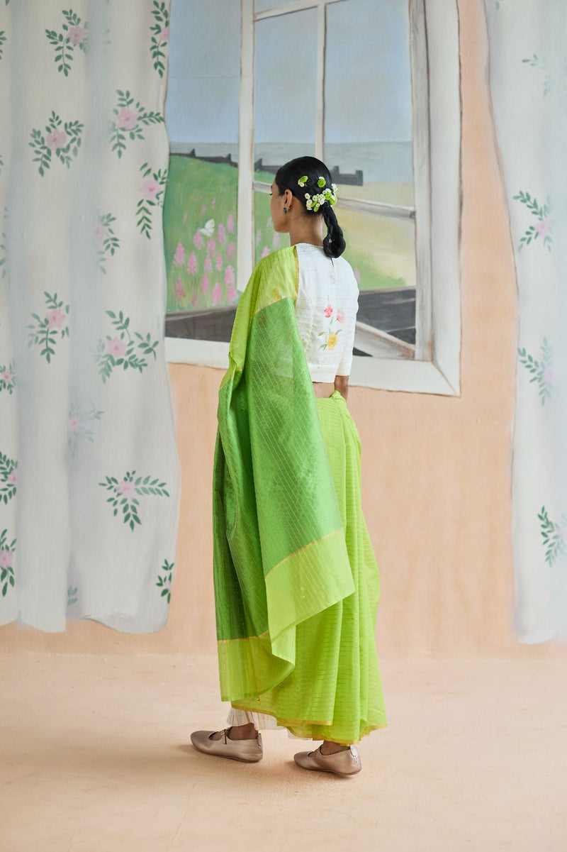 Fern Trail Chanderi Sari silk by Nadiya Paar in green color for women Worldwide