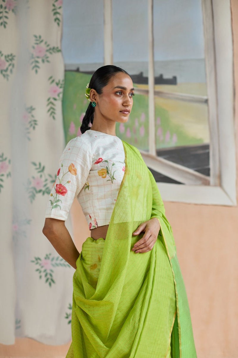 Fern Trail Chanderi Sari silk by Nadiya Paar in green color for women Worldwide