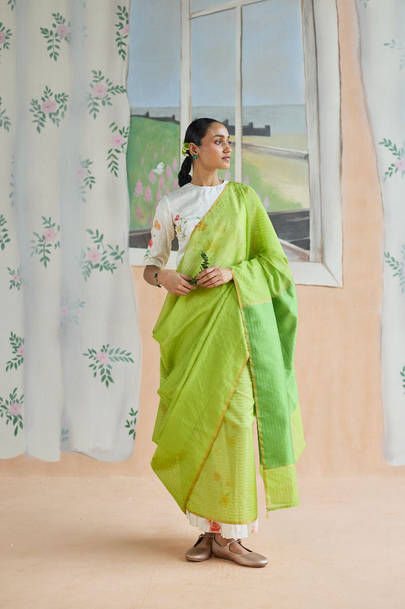 Fern Trail Chanderi Sari silk by Nadiya Paar in green color for women Worldwide