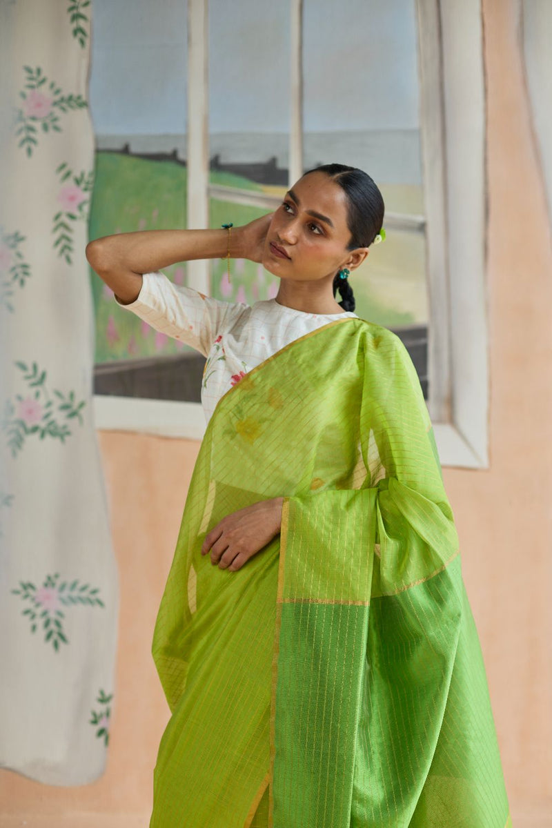 Fern Trail Chanderi Sari silk by Nadiya Paar in green color for women Worldwide