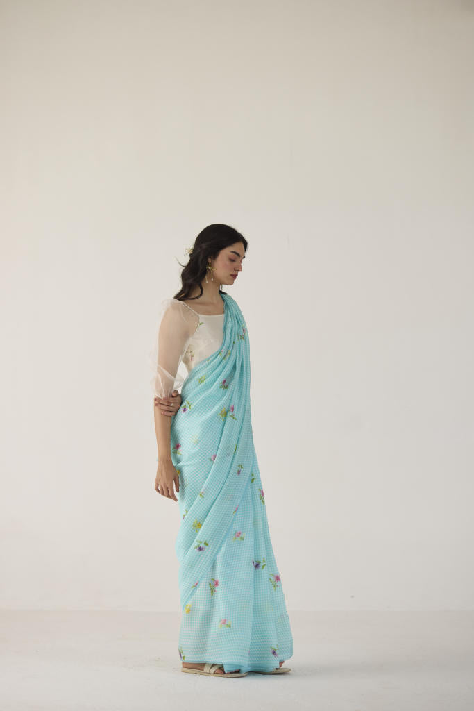 Serene Meadow Mulberry Organza Silk Sari-Blue checks organza by Nadiya Paar in blue color for women Worldwide