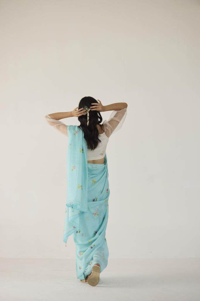 Serene Meadow Mulberry Organza Silk Sari-Blue checks organza by Nadiya Paar in blue color for women Worldwide