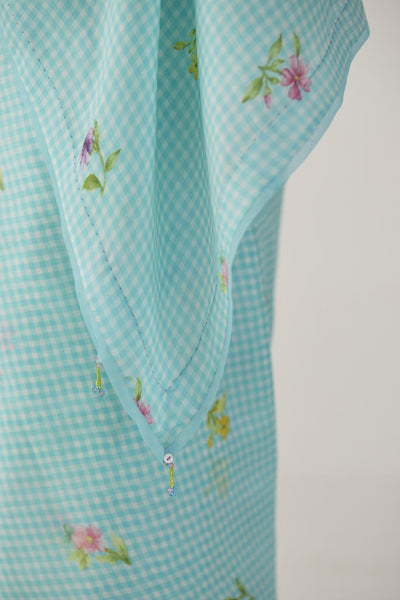 Serene Meadow Mulberry Organza Silk Sari-Blue checks