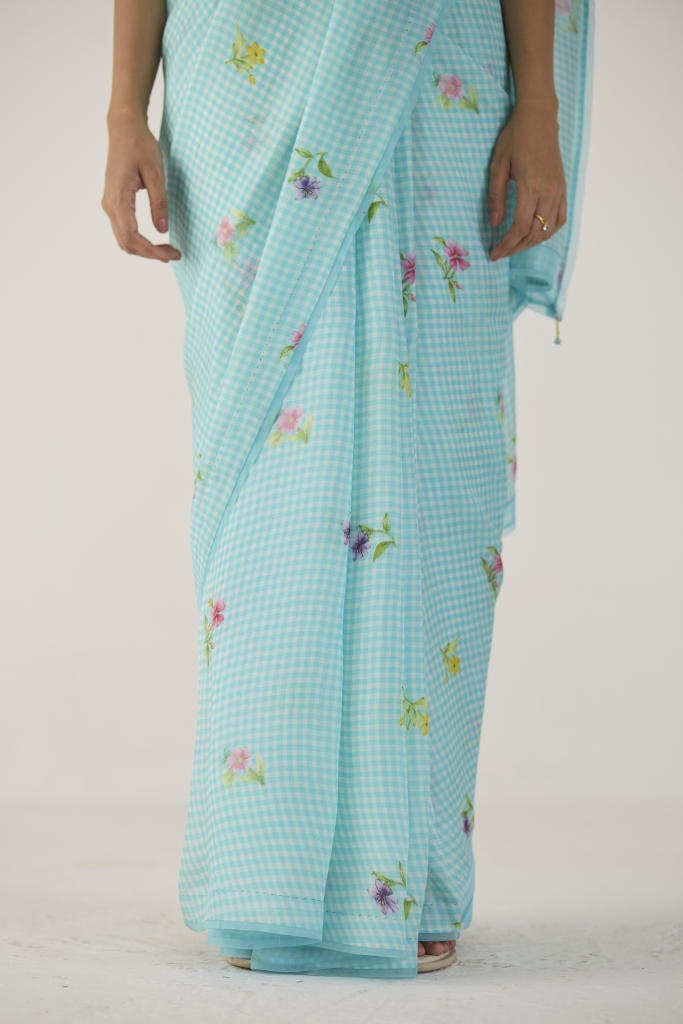 Serene Meadow Mulberry Organza Silk Sari-Blue checks organza by Nadiya Paar in blue color for women Worldwide