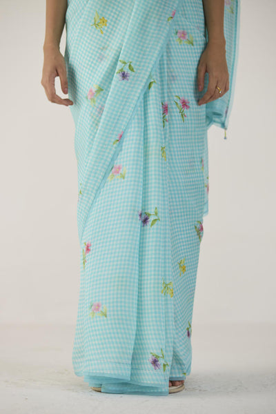 Serene Meadow Mulberry Organza Silk Sari-Blue checks