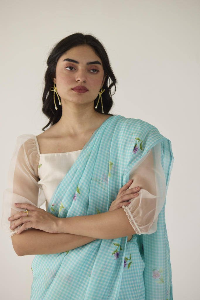 Serene Meadow Mulberry Organza Silk Sari-Blue checks organza by Nadiya Paar in blue color for women Worldwide
