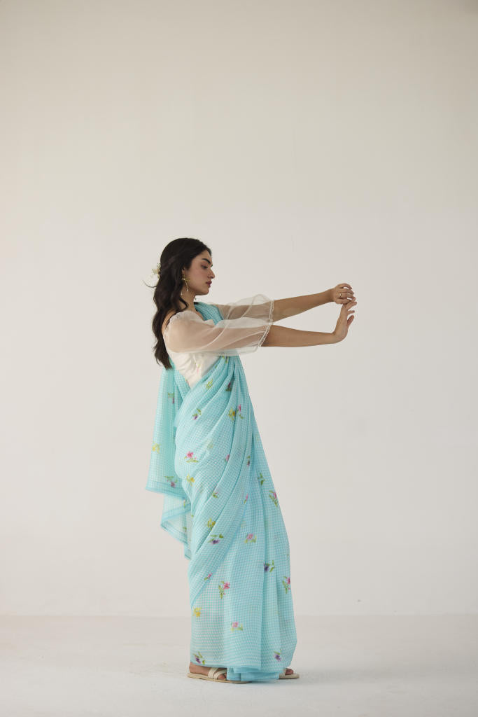 Serene Meadow Mulberry Organza Silk Sari-Blue checks organza by Nadiya Paar in blue color for women Worldwide