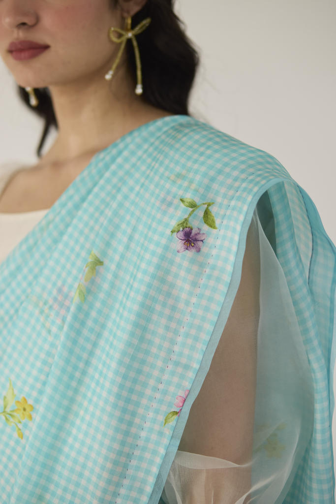 Serene Meadow Mulberry Organza Silk Sari-Blue checks organza by Nadiya Paar in blue color for women Worldwide