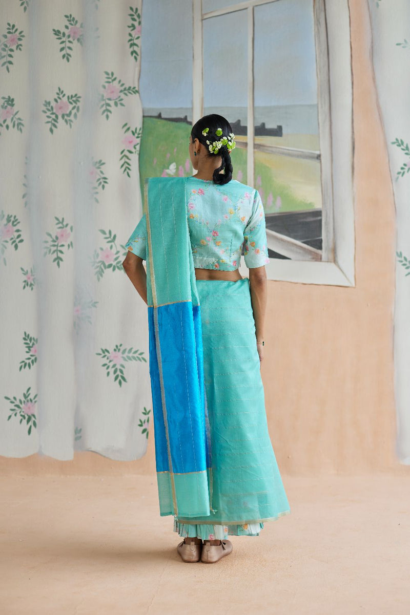 Aqua Scape Chanderi Sari silk by Nadiya Paar for women Worldwide