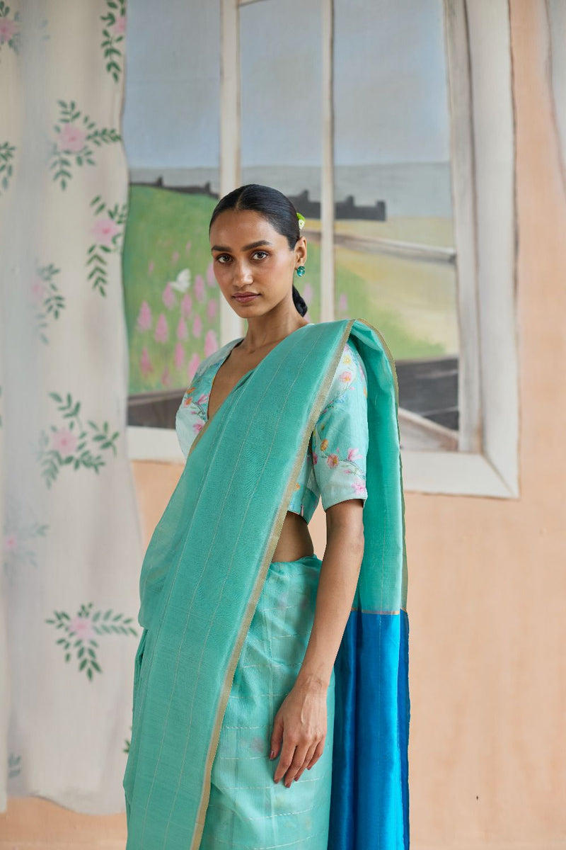Aqua Scape Chanderi Sari silk by Nadiya Paar for women Worldwide