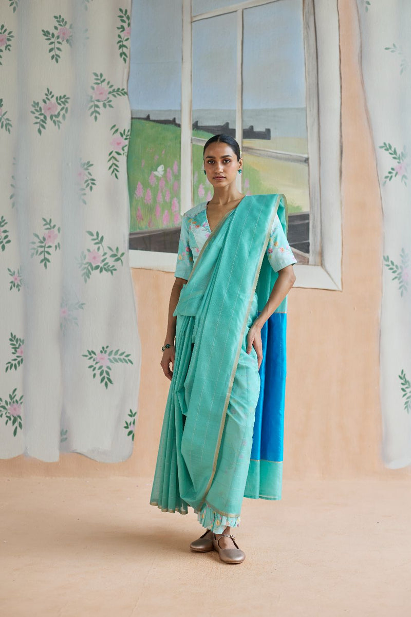 Aqua Scape Chanderi Sari silk by Nadiya Paar for women Worldwide
