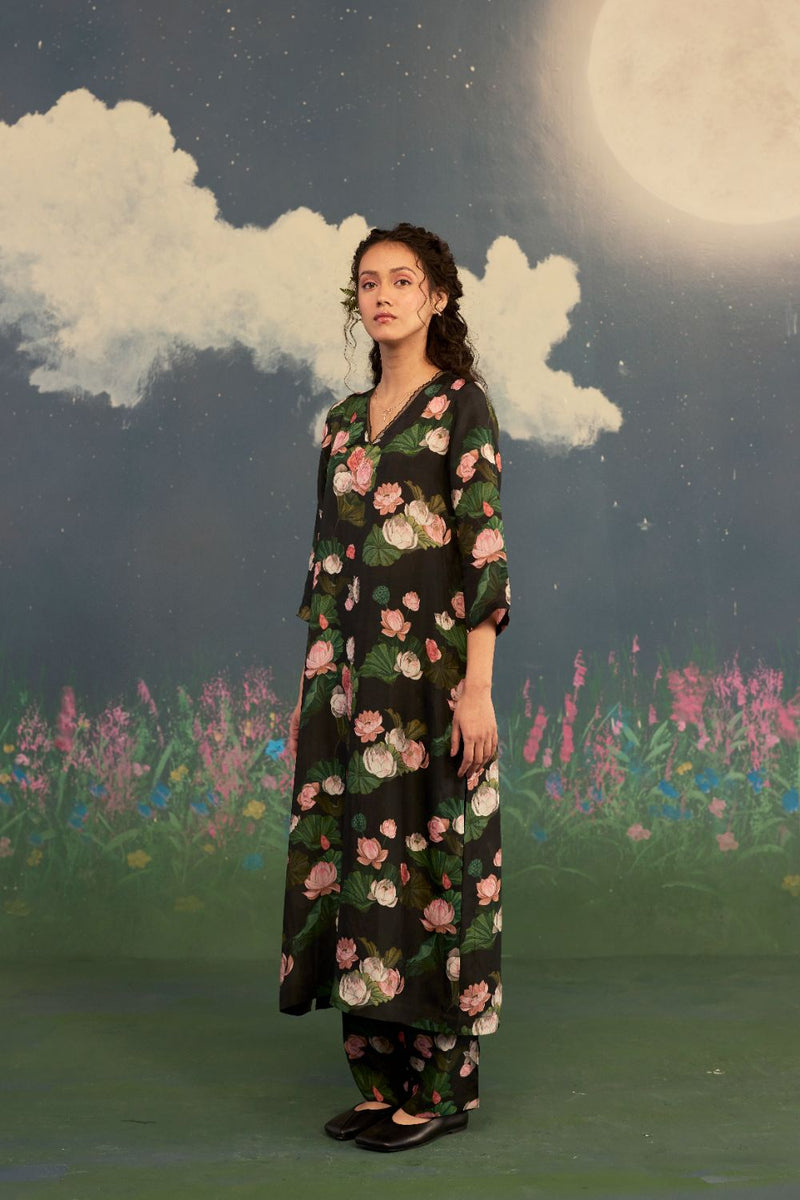 Lotus Citrus Long Kurta Set Bamboo Silk silk by Nadiya Paar in black color for women Worldwide