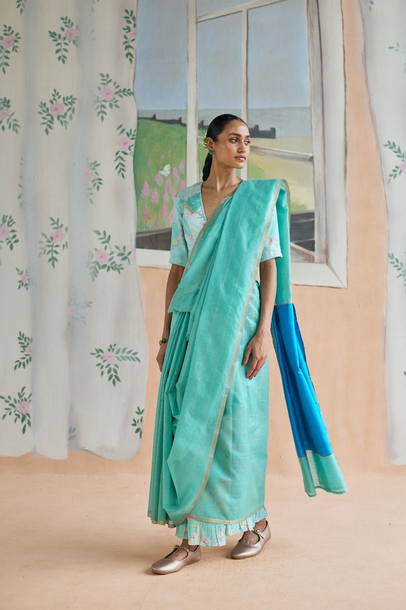 Aqua Scape Chanderi Sari silk by Nadiya Paar for women Worldwide