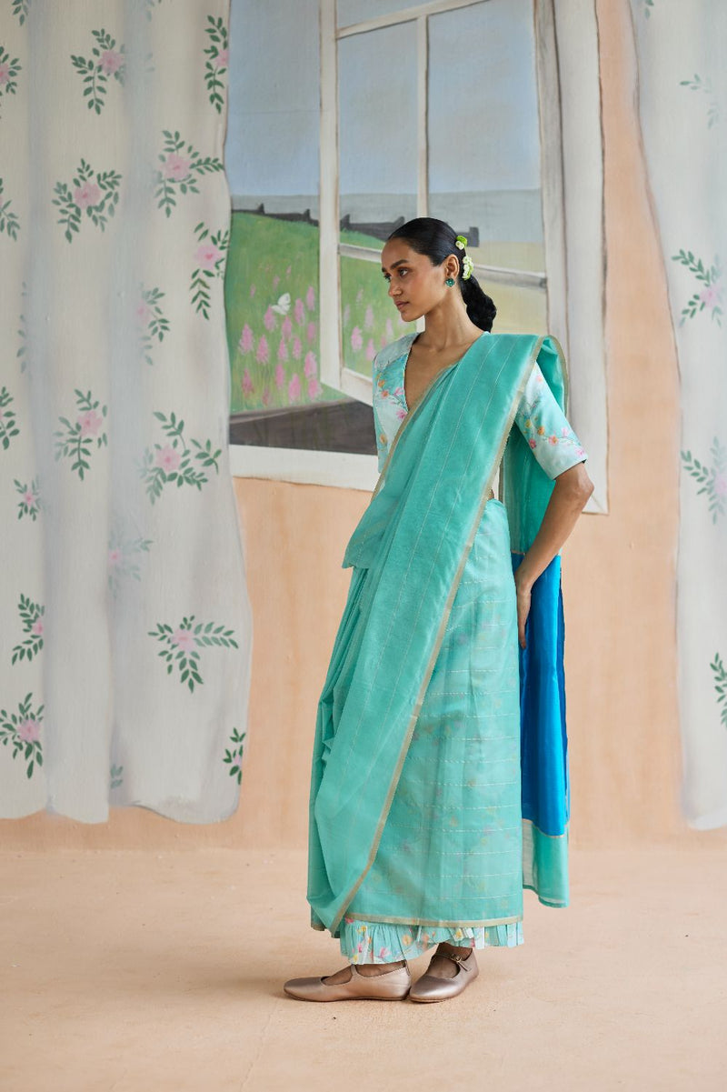 Aqua Scape Chanderi Sari silk by Nadiya Paar for women Worldwide