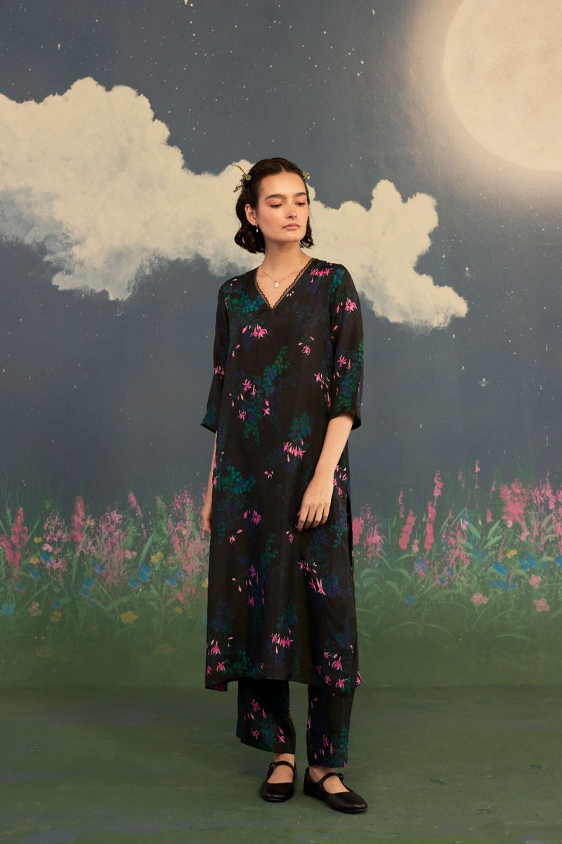 Fuchsia Citrus Long Kurta Set Bamboo Silk silk by Nadiya Paar for women Worldwide