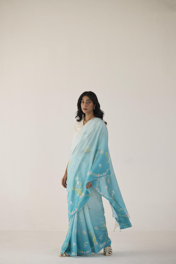 Clover Field Mulberry Organza Silk Sari-Blue Ombre organza by Nadiya Paar in blue color for women Worldwide