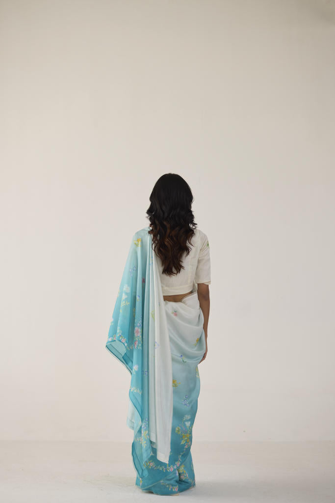 Clover Field Mulberry Organza Silk Sari-Blue Ombre organza by Nadiya Paar in blue color for women Worldwide