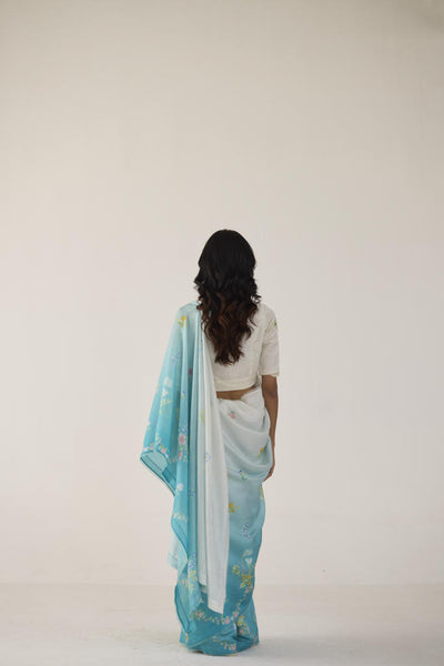 Clover Field Mulberry Organza Silk Sari-Blue Ombre