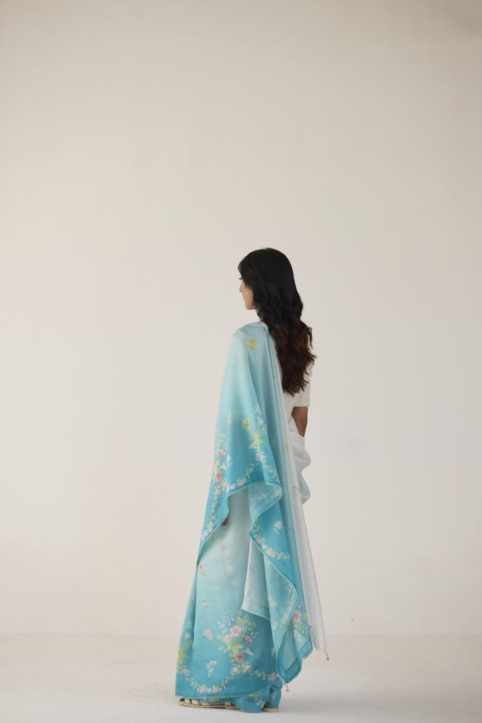 Clover Field Mulberry Organza Silk Sari-Blue Ombre organza by Nadiya Paar in blue color for women Worldwide