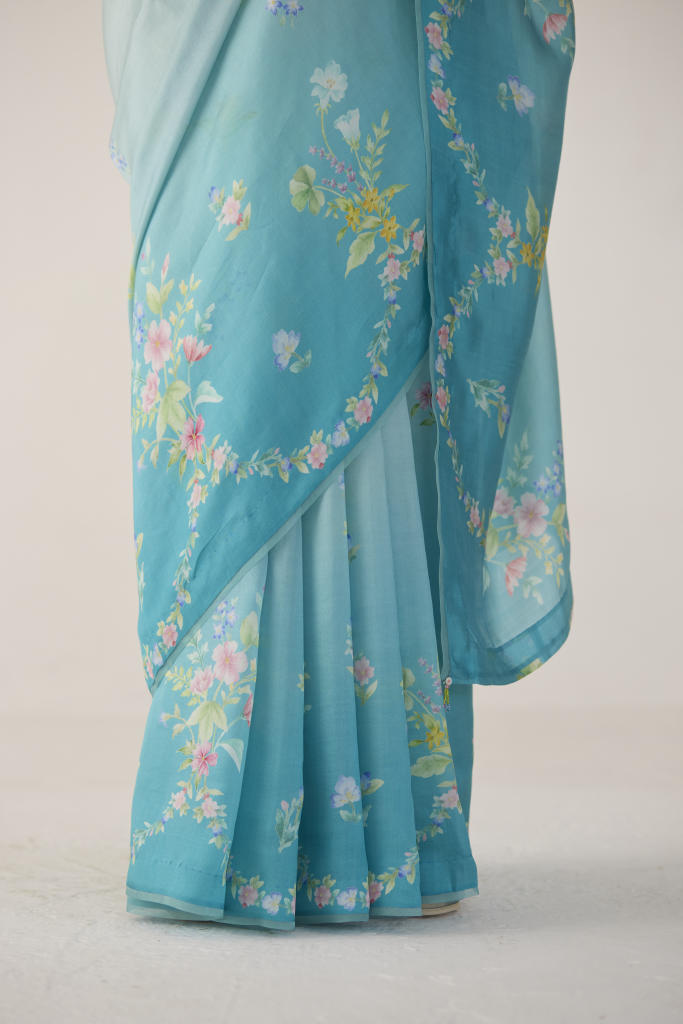 Clover Field Mulberry Organza Silk Sari-Blue Ombre organza by Nadiya Paar in blue color for women Worldwide
