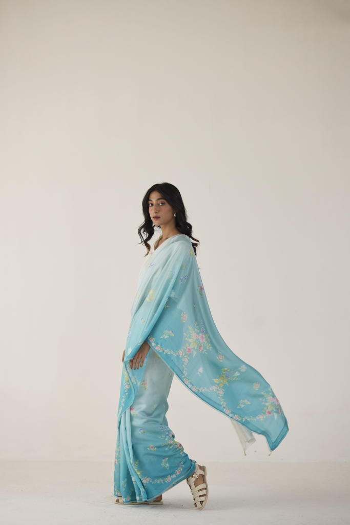 Clover Field Mulberry Organza Silk Sari-Blue Ombre organza by Nadiya Paar in blue color for women Worldwide
