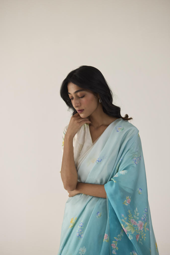Clover Field Mulberry Organza Silk Sari-Blue Ombre organza by Nadiya Paar in blue color for women Worldwide