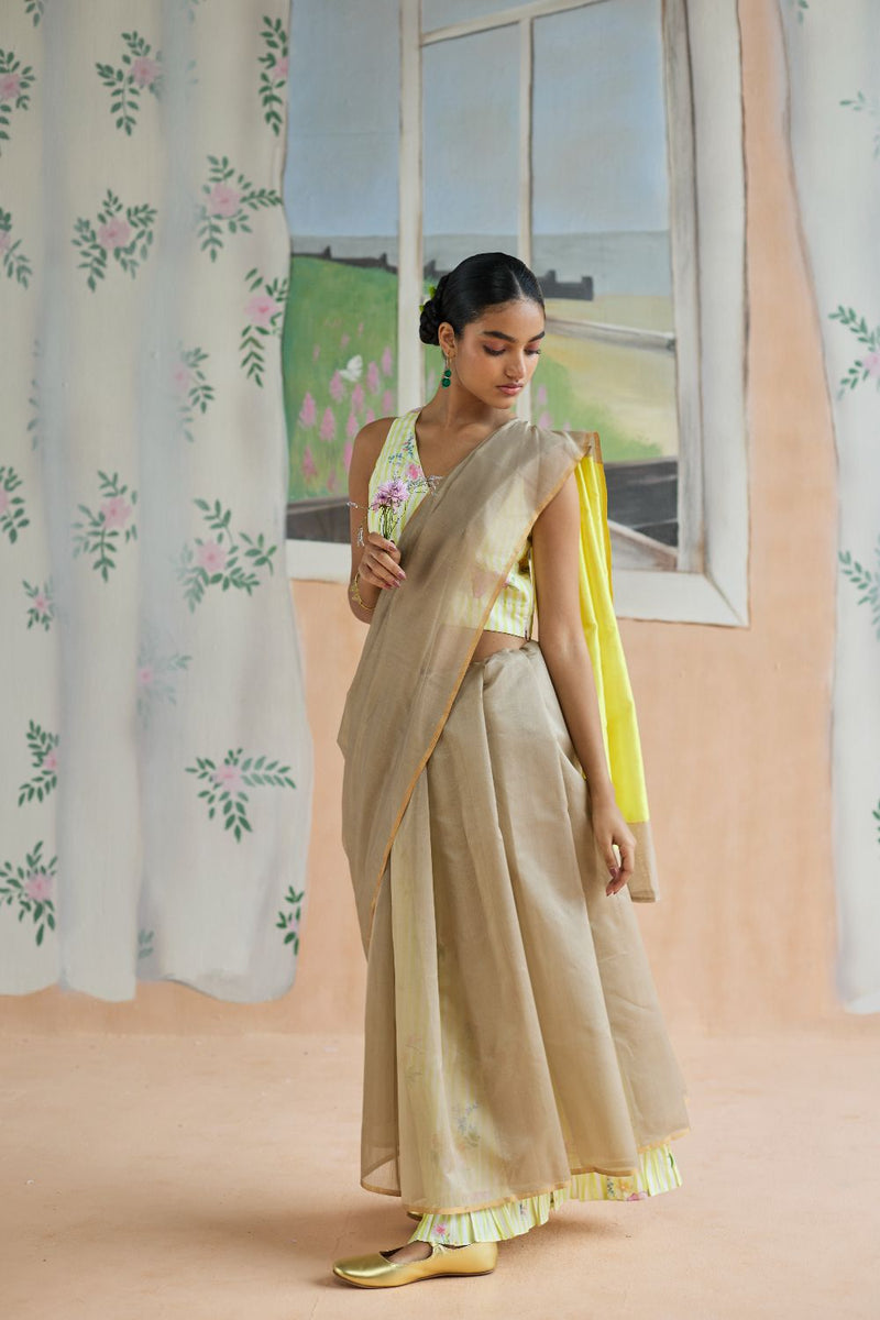 Sundaze Chanderi Sari silk by Nadiya Paar in brown color for women Worldwide