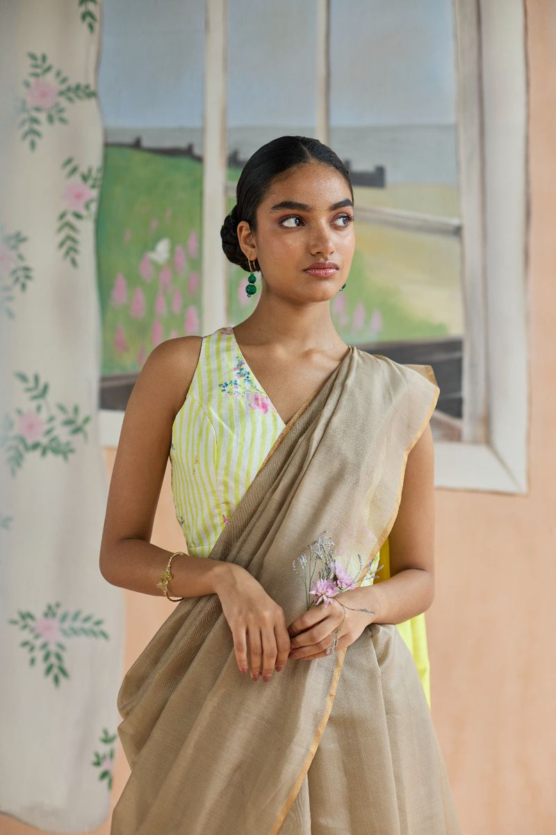 Sundaze Chanderi Sari silk by Nadiya Paar in brown color for women Worldwide